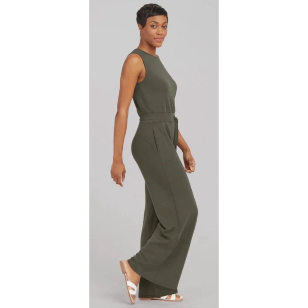 NWT Spanx Air Essential Sleeveless Wide Leg Jumpsuit Dark Palm Green Size S $148 - Picture 2 of 13